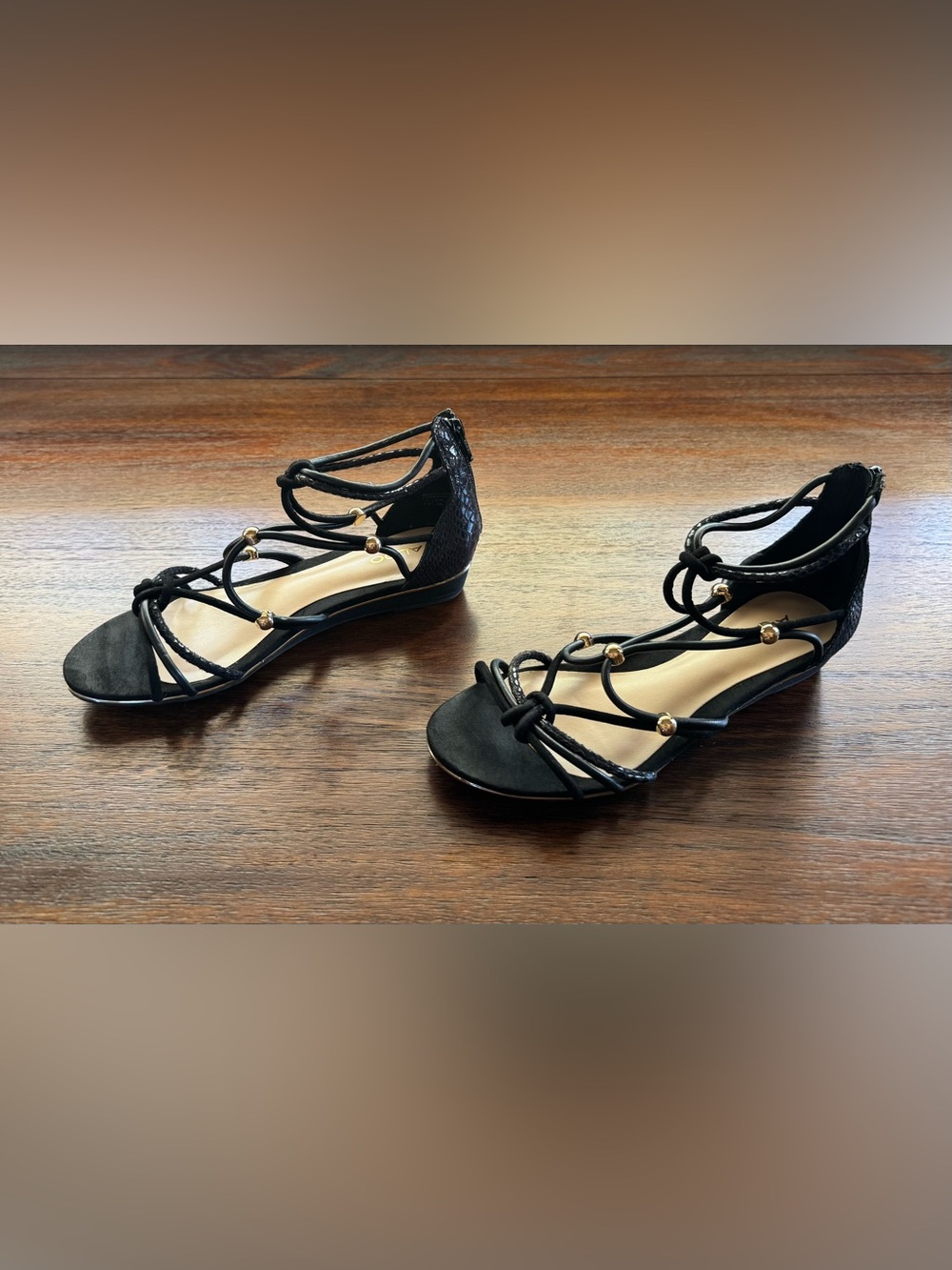 Women’s Black Strappy Gladiator Sandals with Gold Accent